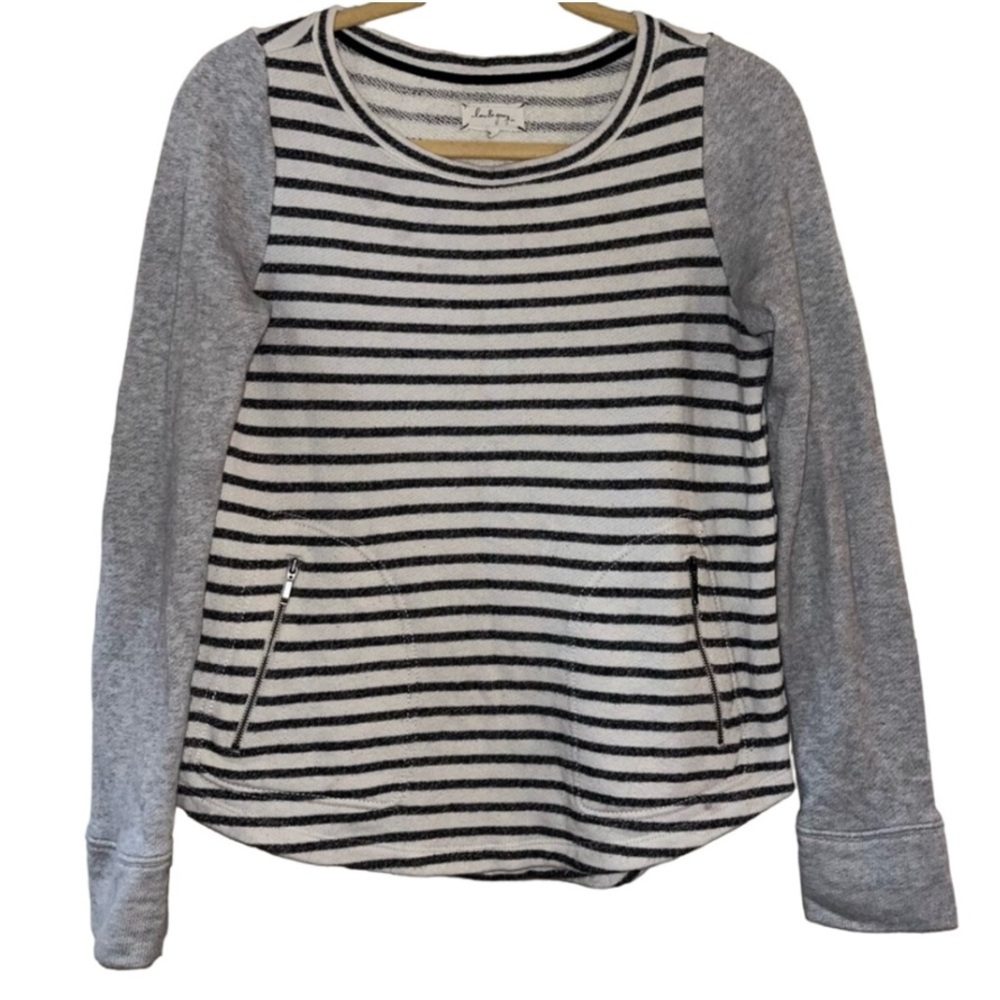 lou & grey White Grey Striped Zippered Pocket Crew Neck Sweatshirt Sz XS